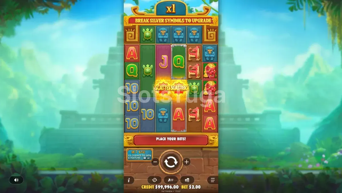 Segunda visão do jogo Fortune of Aztec durante uma rodada com múltiplos símbolos ativos