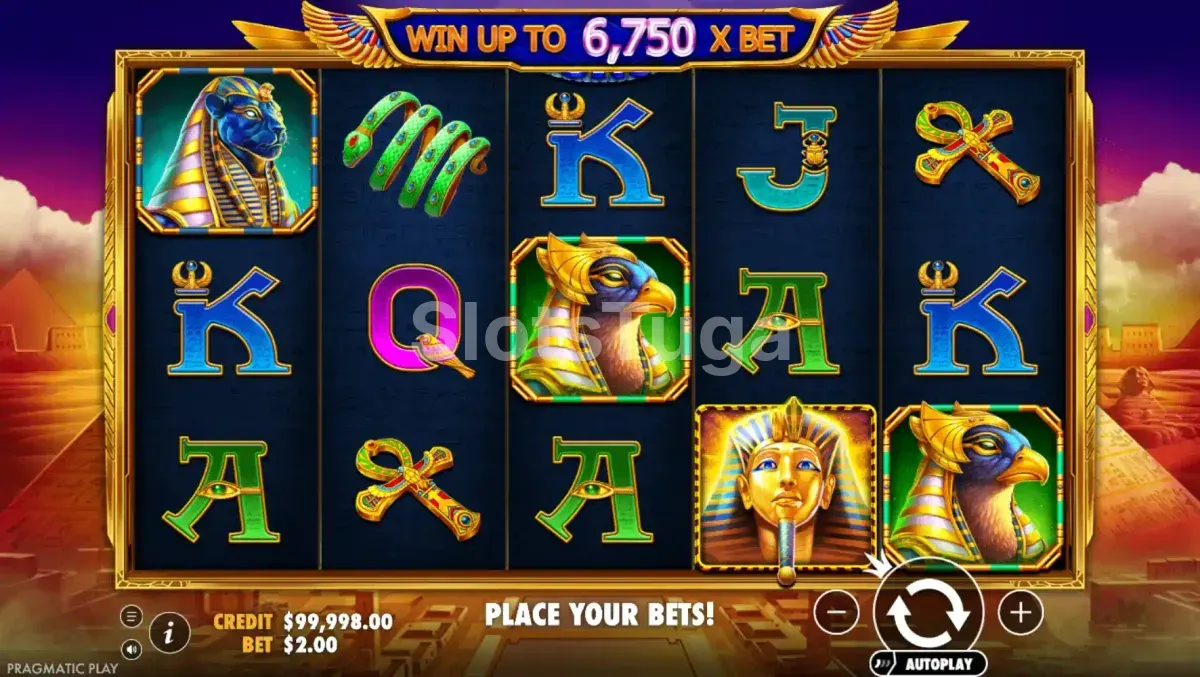 Tela principal do Fortune of Giza com os rolos e símbolos egípcios