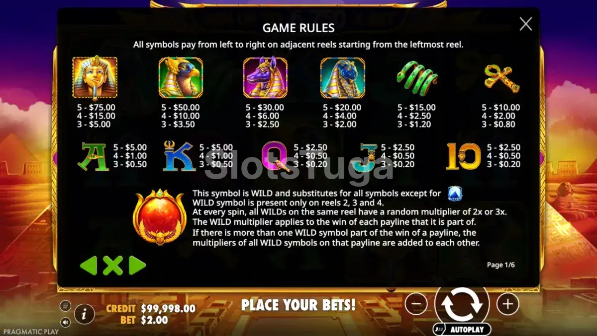 Tabela de pagamentos do Fortune of Giza com multiplicadores e símbolos