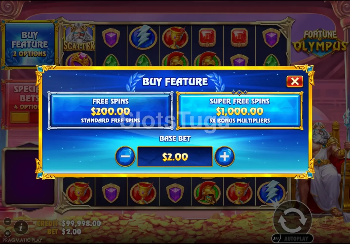 Tela de compra de bônus do Fortune of Olympus Pragmatic Play