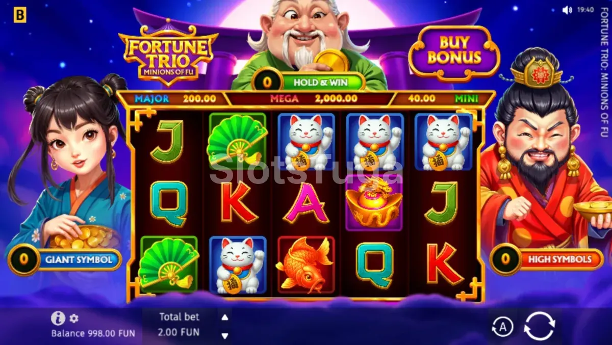 Ecrã do jogo base de Fortune Trio Minions Of Fu