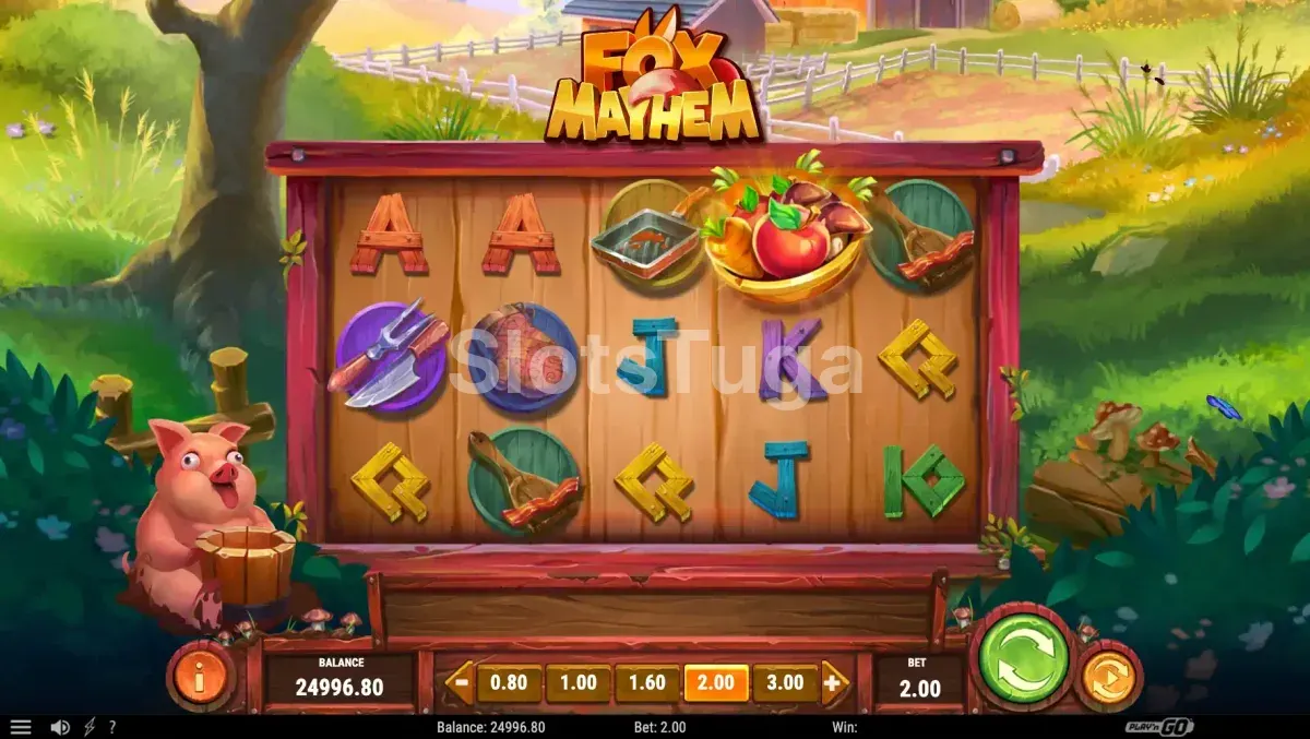 Tela principal do jogo Fox Mayhem com fazenda ao fundo