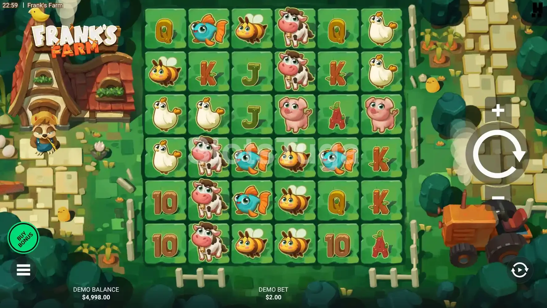 Jogo base da slot Frank's Farm com grade 6x6 e animais coloridos