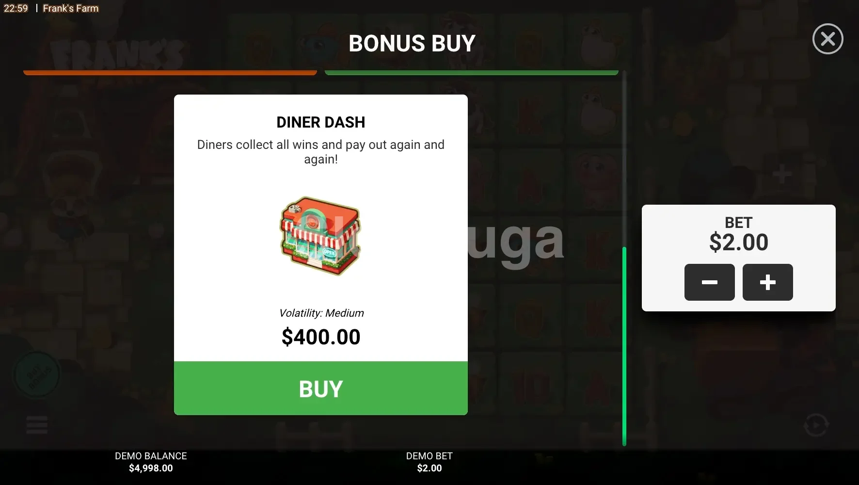 Menu de compra de bônus do Frank's Farm com três opções disponíveis