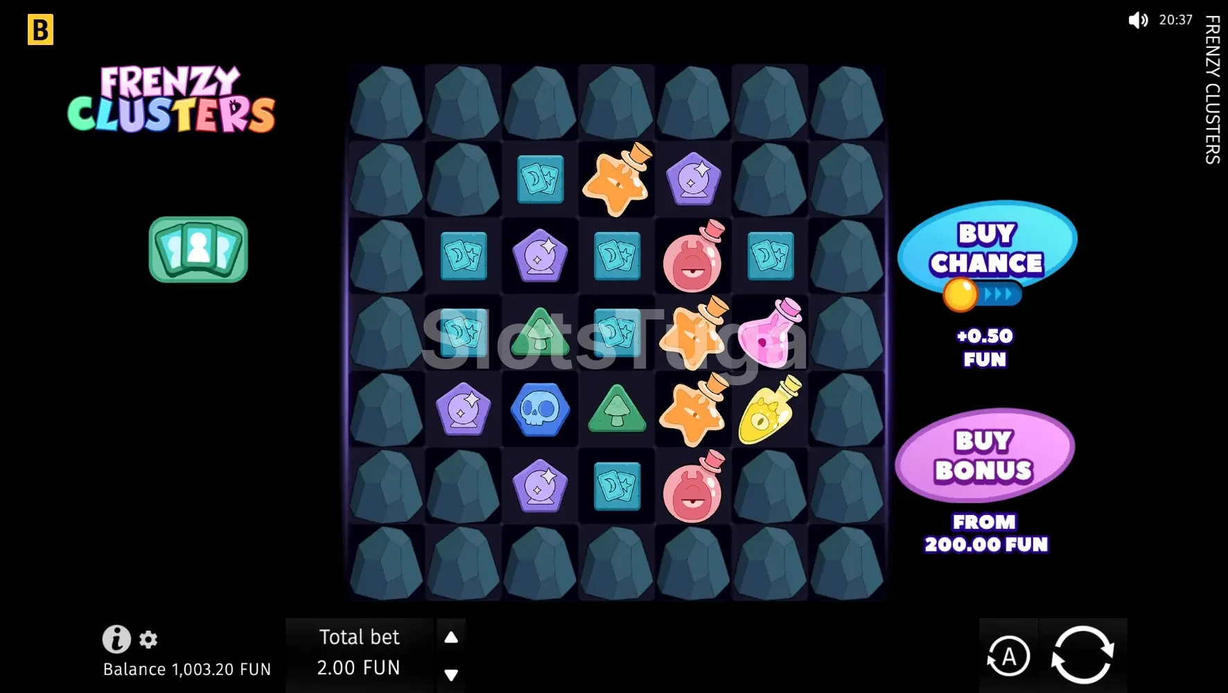 Tela principal do jogo Frenzy Clusters com a grade 7x7 colorida