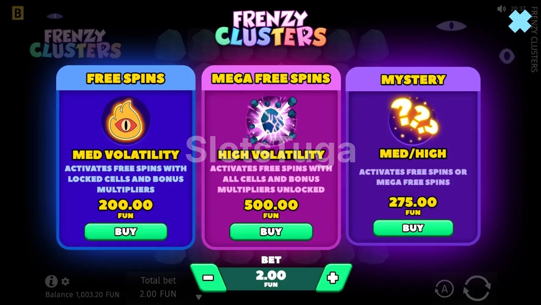 Menu de compra de bônus da Frenzy Clusters com as opções disponíveis