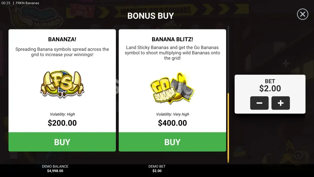 Menu de compra de bônus do FRKN Bananas com as quatro opções disponíveis