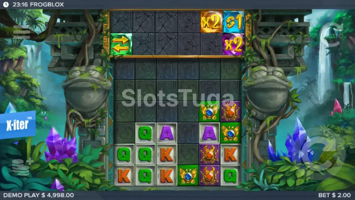 Tela inicial do slot Frogblox com a grade principal e a prateleira de recursos