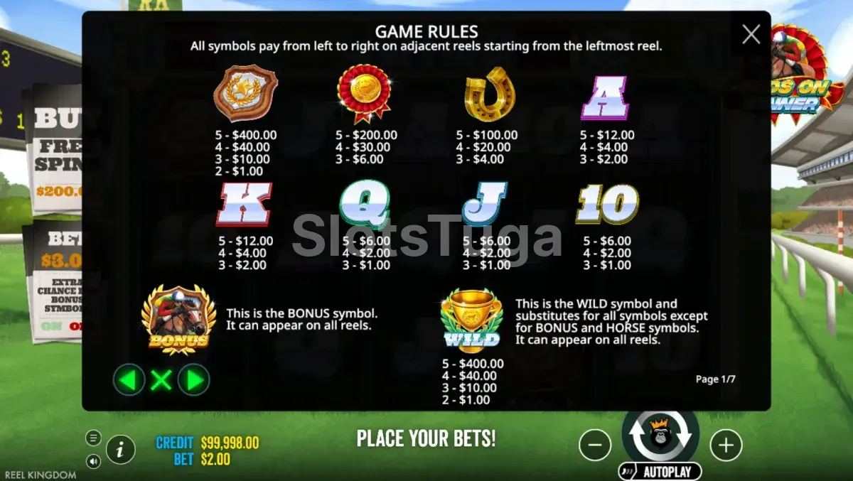 Tabela de pagamentos detalhada da slot Front Runner Odds On