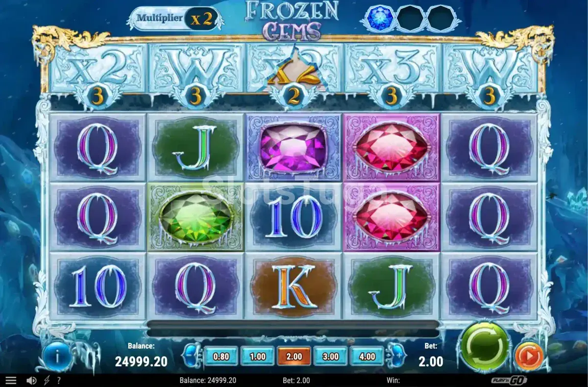 Segunda visão do jogo Frozen Gems mostrando gemas especiais nos rouleaux