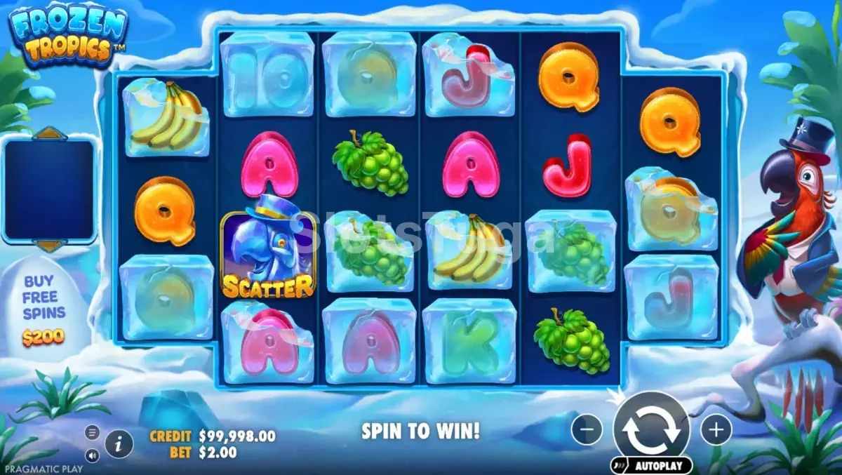 Tela principal do jogo Frozen Tropics com o grid de rouleaux e símbolos congelados