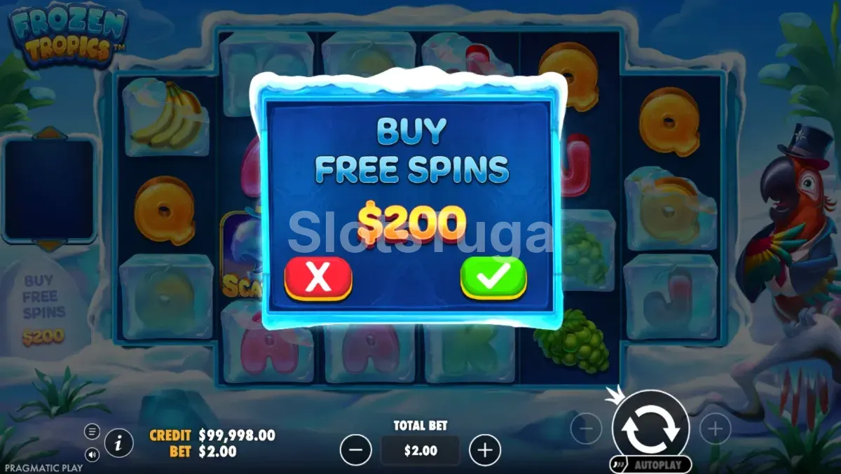 Tela de compra de bônus da Frozen Tropics com opções disponíveis