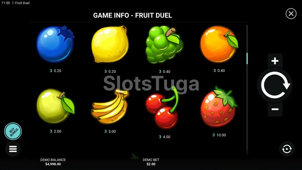 Tabela de pagamentos do slot Fruit Duel mostrando os símbolos e valores