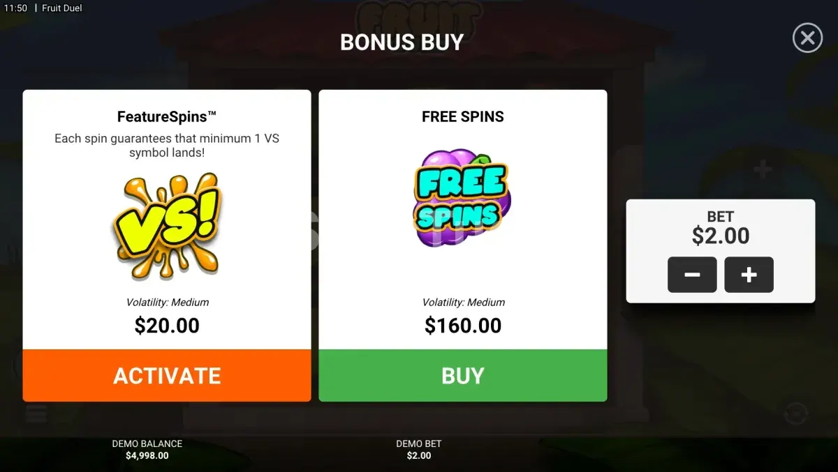 Menu de compra de bônus do slot Fruit Duel com duas opções disponíveis