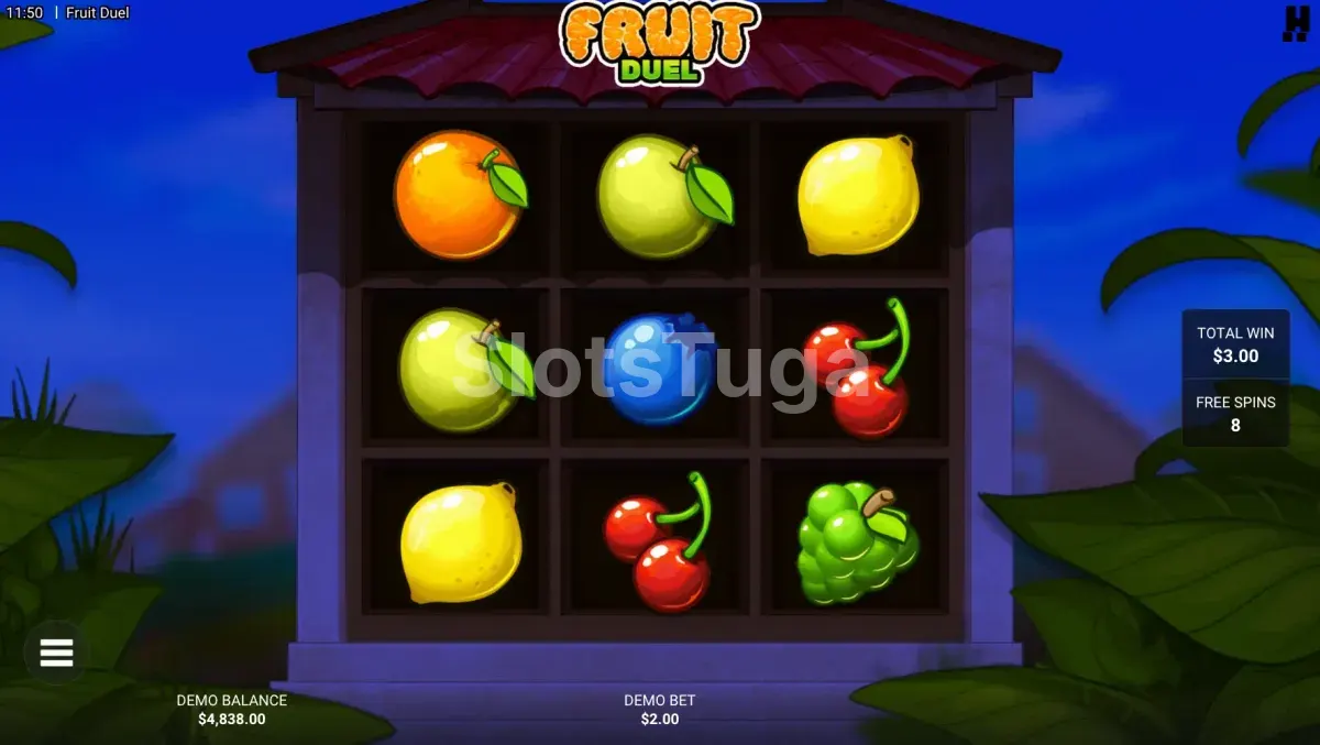 Rodada de giros grátis do slot Fruit Duel com multiplicadores ativos
