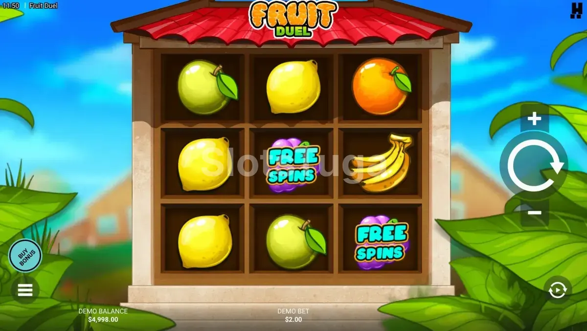 Tela principal do slot Fruit Duel com o grid 3x3 e frutas coloridas