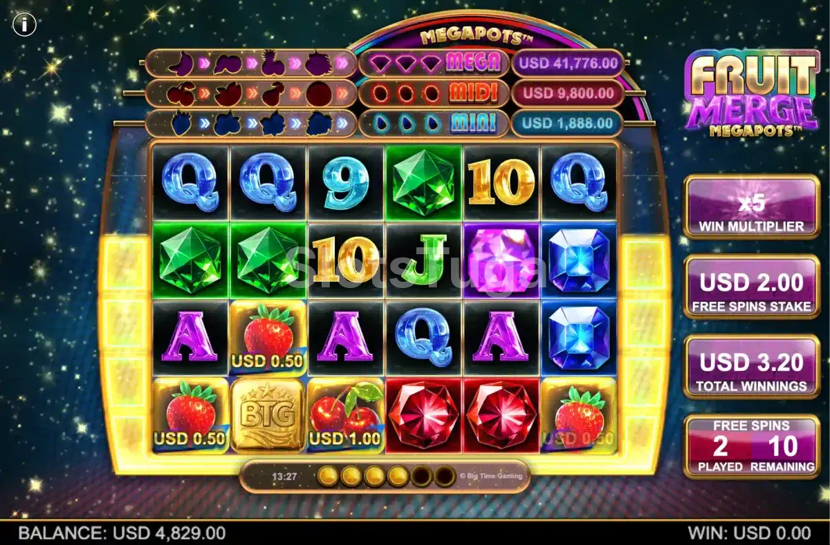 Rodada de giros grátis da Fruit Merge Megapots com multiplicador ativo