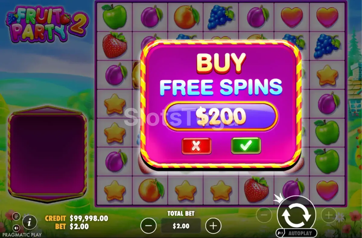 Interface de compra de bônus da slot Fruit Party 2