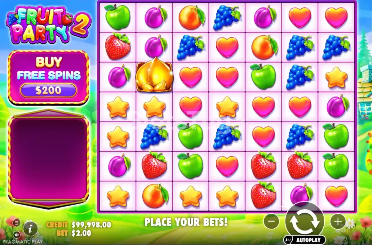 Tela principal do jogo Fruit Party 2 com grade 7x7 colorida
