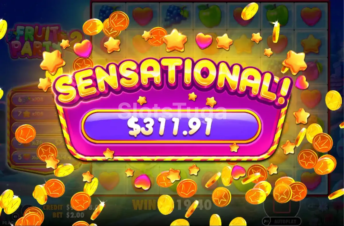 Tela de grande vitória na slot Fruit Party 2 com multiplicador alto