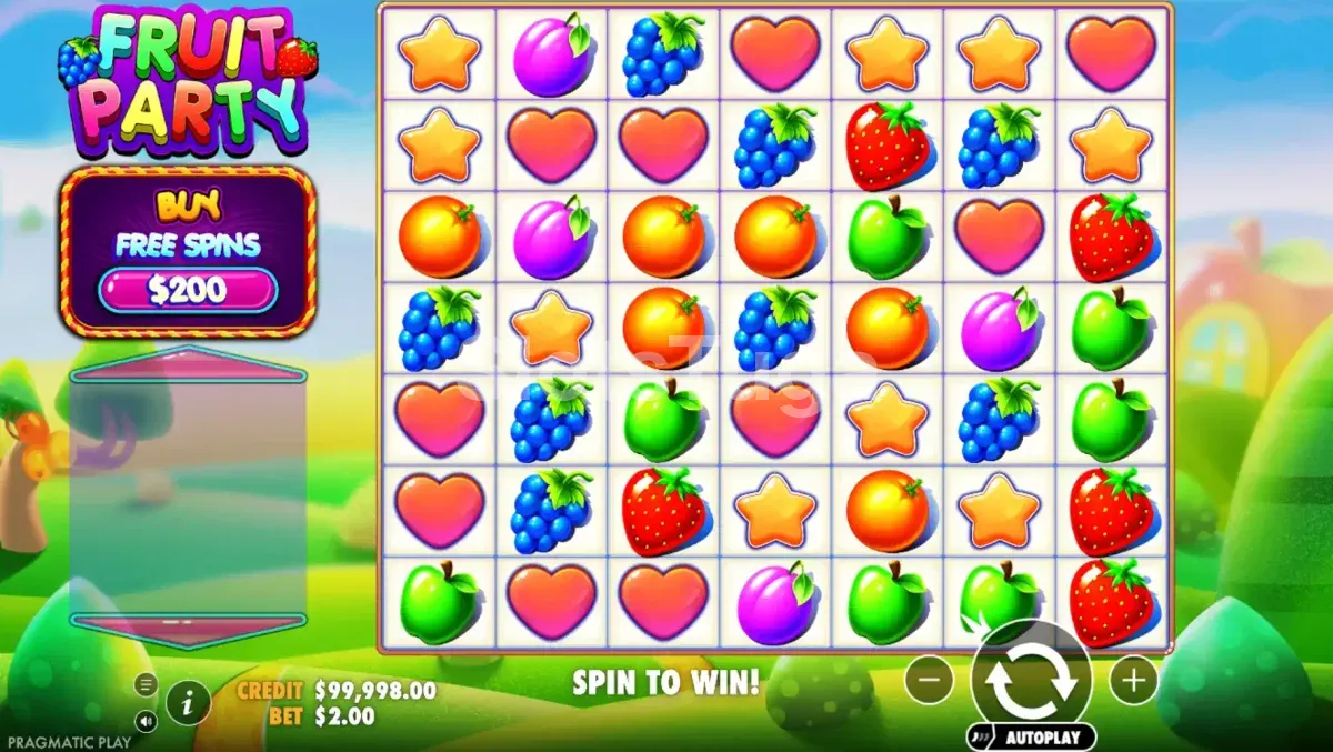 Jogo base da Fruit Party com grade 7x7 colorida