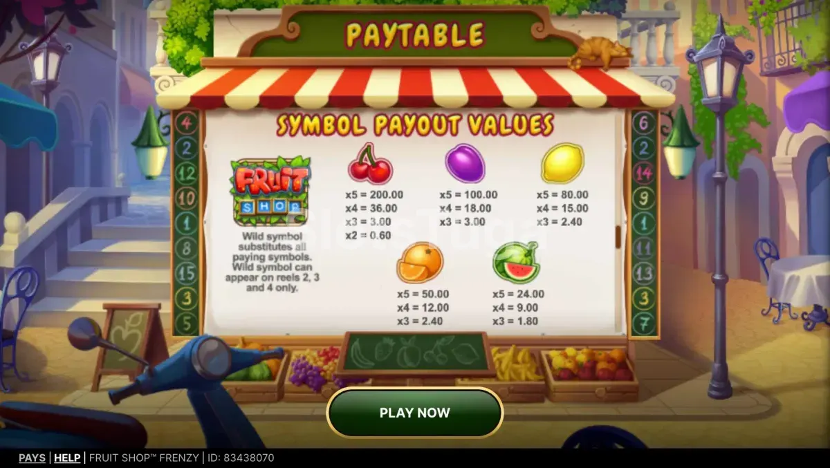 Tabela de pagamento da Fruit Shop Frenzy mostrando os símbolos e multiplicadores