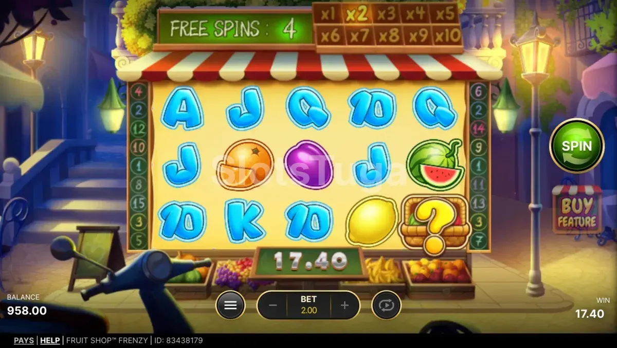 Rodada de giros grátis da Fruit Shop Frenzy com multiplicadores ativos
