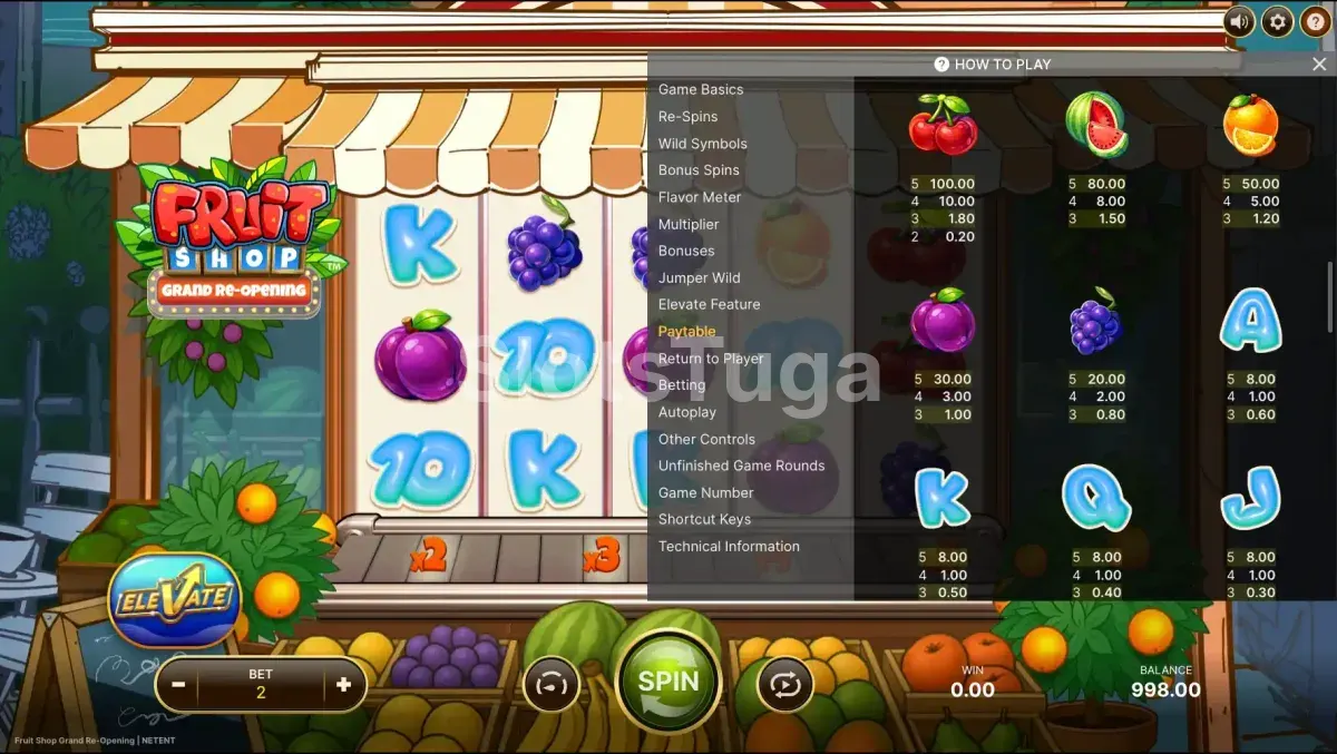 Tabela de pagamentos da Fruit Shop Grand Re-Opening mostrando valores dos símbolos