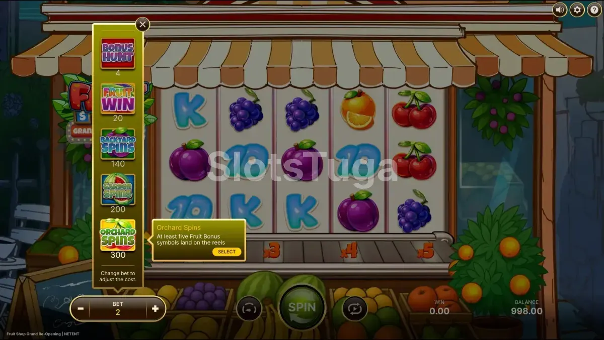 Tela de compra de bônus da Fruit Shop Grand Re-Opening com as opções do Elevate Feature
