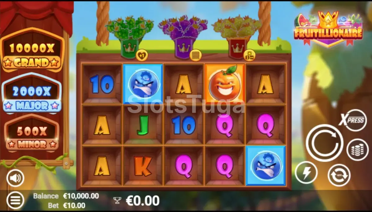 Jogo base da Fruitillionaire com frutas coloridas nos rolos