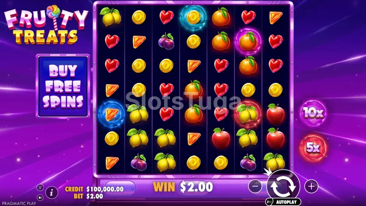 Jogo base do Fruity Treats com grade 7x7 cheia de frutas coloridas