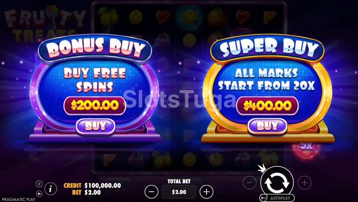 Tela de compra de bônus do Fruity Treats com as opções disponíveis