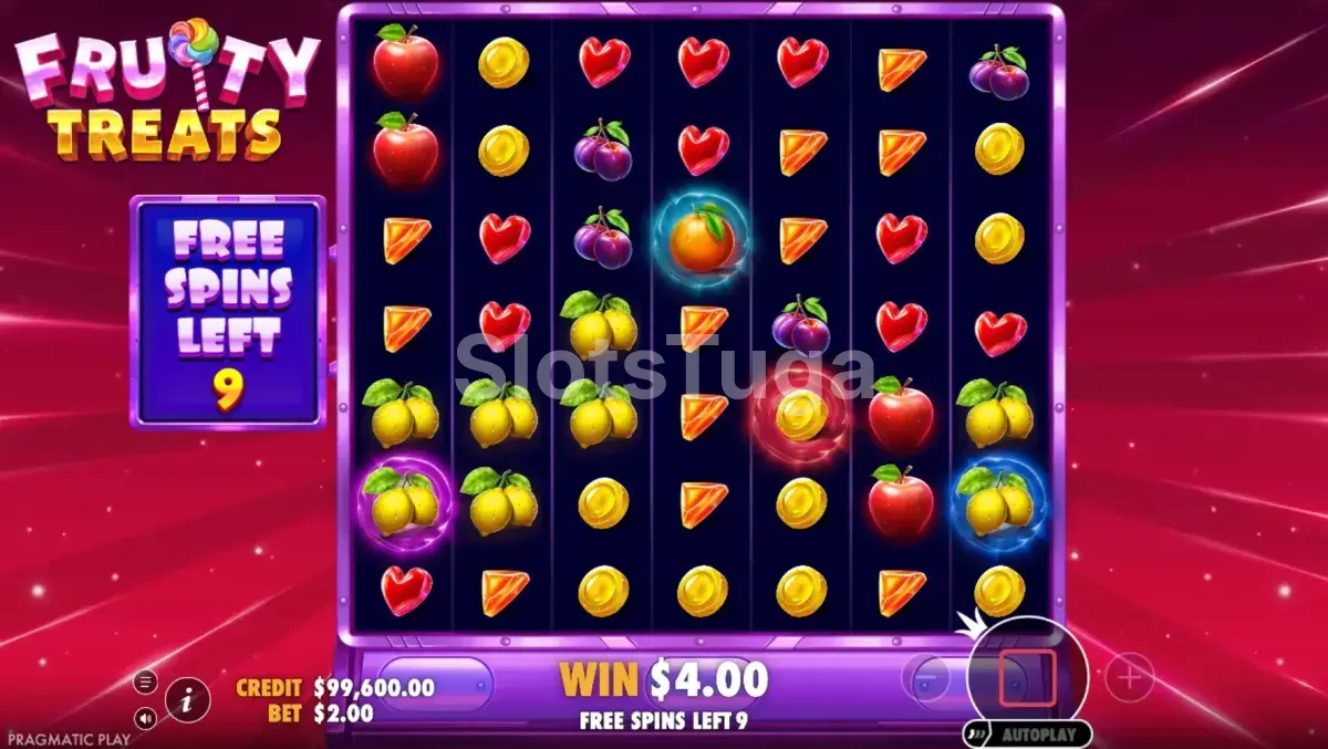 Rodadas grátis ativadas no Fruity Treats com multiplicadores e wilds em ação
