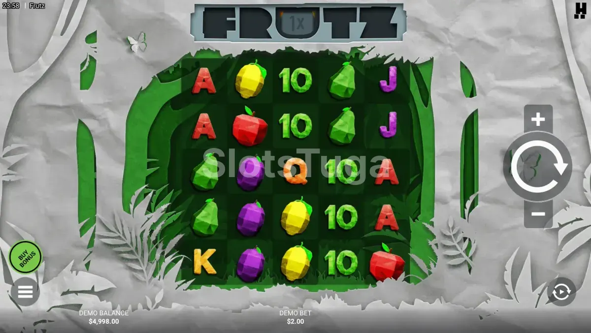 Tela principal do jogo Frutz com os rouleaux de frutas coloridas