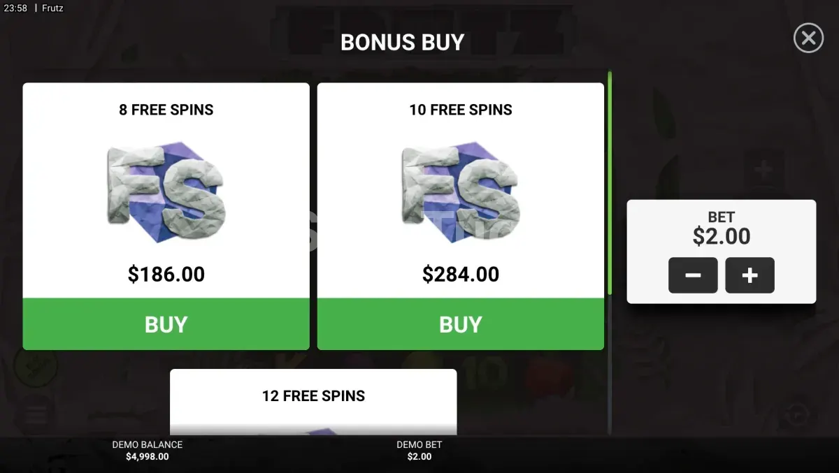Tela de compra de bônus da slot Frutz com as opções disponíveis