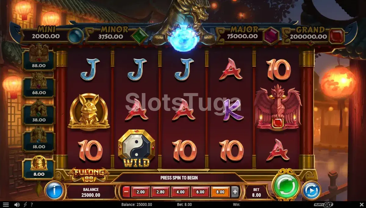 Jogo base da Fulong 88 com rolos dourados e símbolos orientais