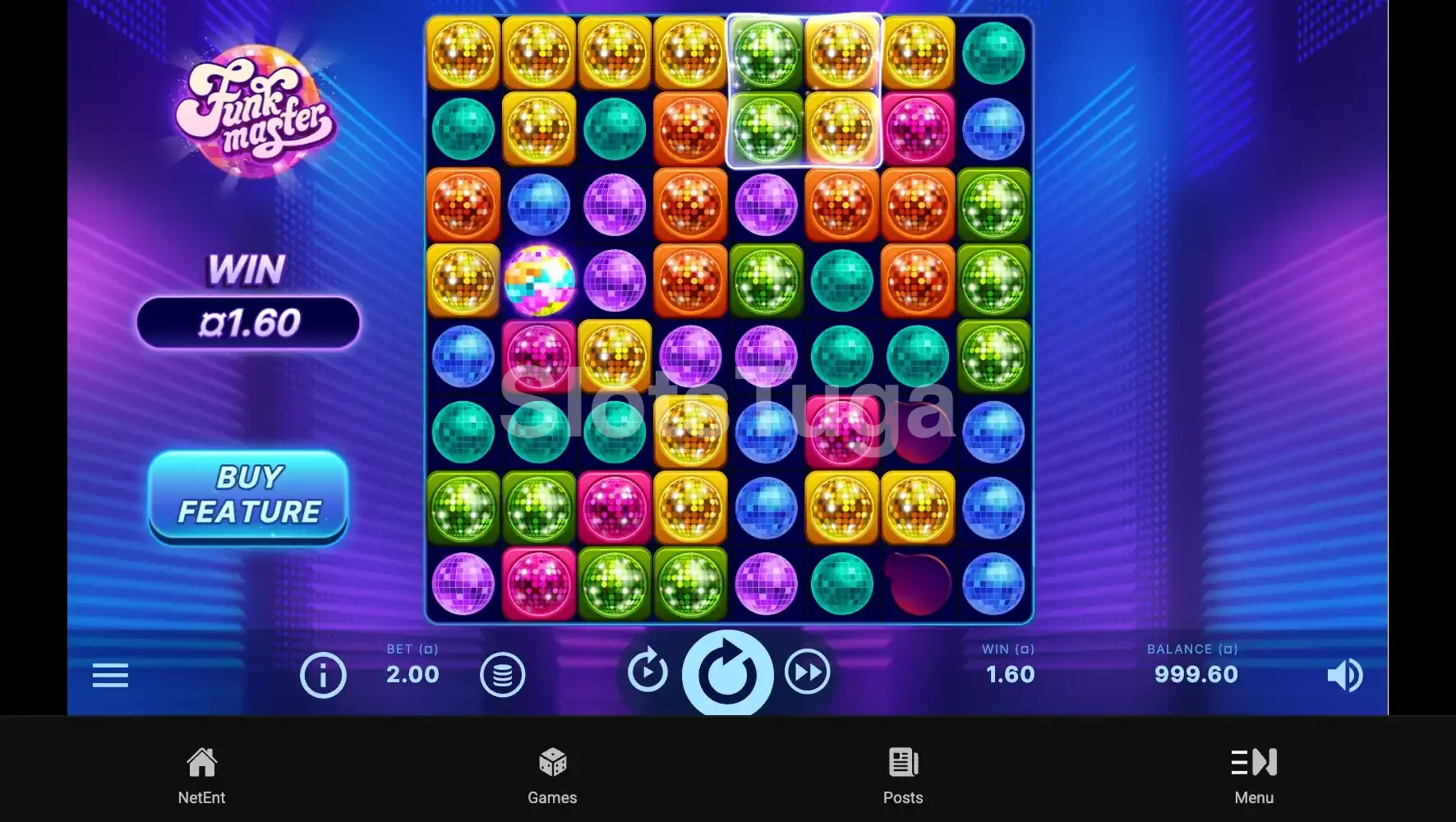 Jogo base da Funk Master com grade 8x8 e bolas de discoteca coloridas