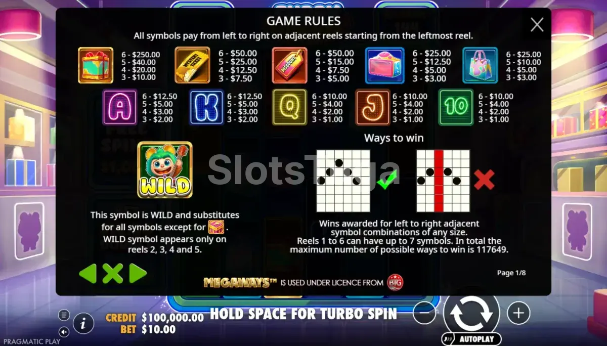 Tabela de pagamentos da Furry Bonanza Megaways mostrando os símbolos e multiplicadores