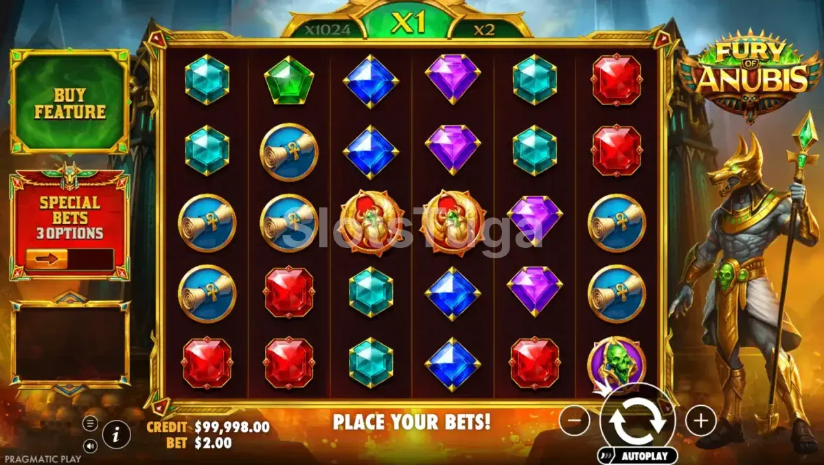 Jogo base da Fury of Anubis com grid 6x5 e símbolos egípcios