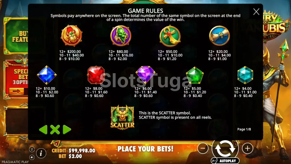 Tabela de pagamentos da Fury of Anubis com gemas e símbolos egípcios