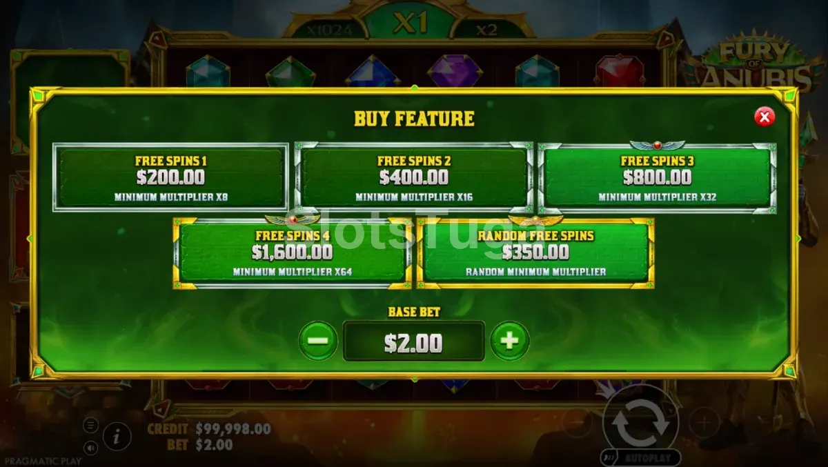 Menu de compra de bônus da Fury of Anubis com opções de Bonus Buy