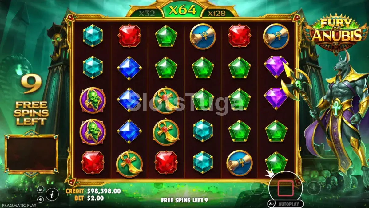 Rodada de free spins da Fury of Anubis com multiplicador elevado