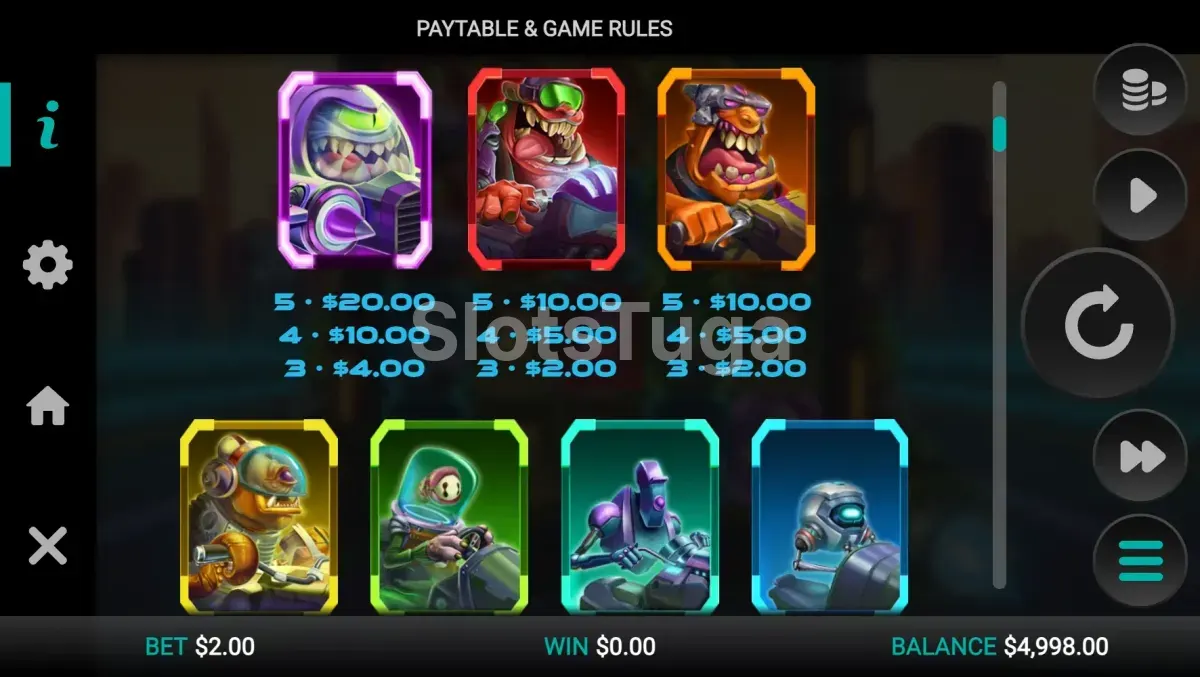 Tabela de pagamentos da Galactic Racers Dream Drop com pilotos alienígenas e símbolos de baixo valor