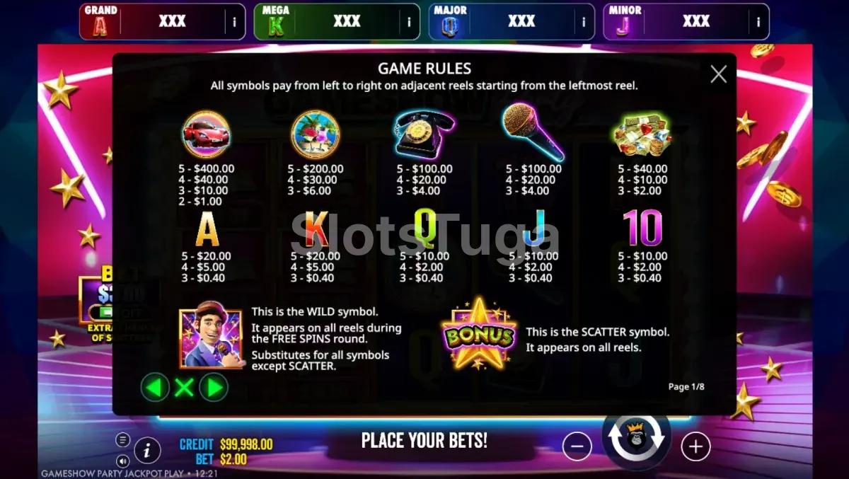 Tabela de pagamentos de Gameshow Party Jackpot com os quatro níveis de jackpot