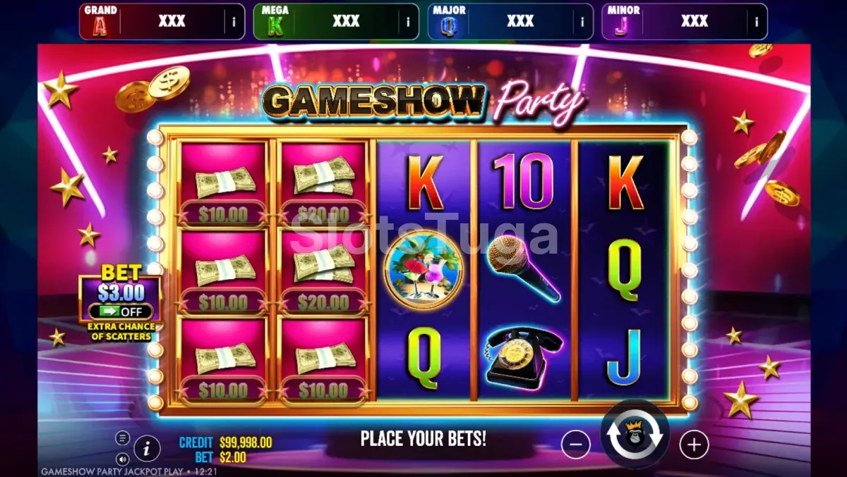 Jogo base de Gameshow Party Jackpot com símbolos de dinheiro nos rolos