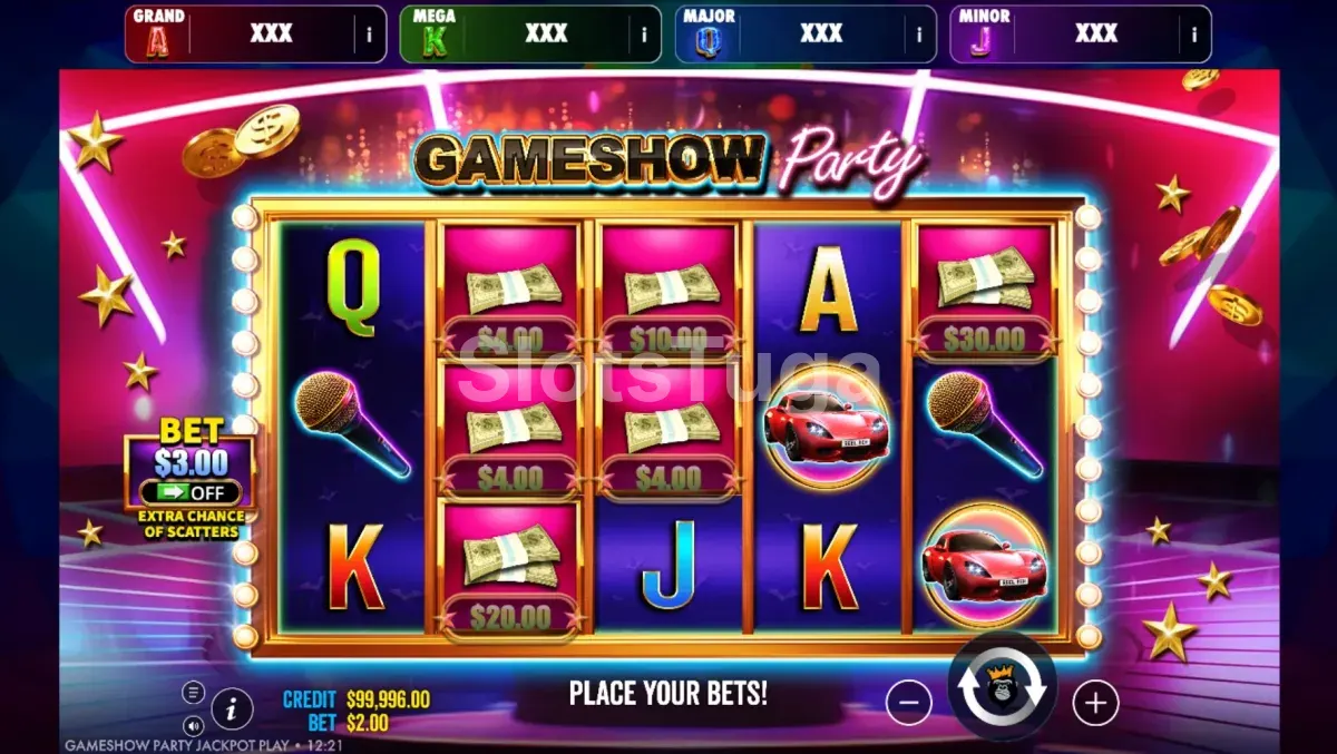 Rolos de Gameshow Party Jackpot com o símbolo do Apresentador em destaque