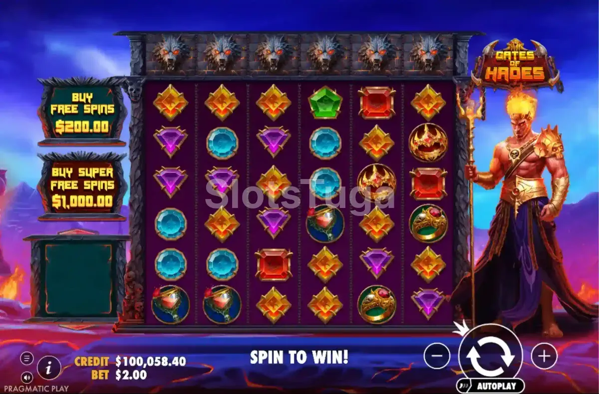 Jogo base da Gates of Hades com grade 6x6 e tema do submundo grego
