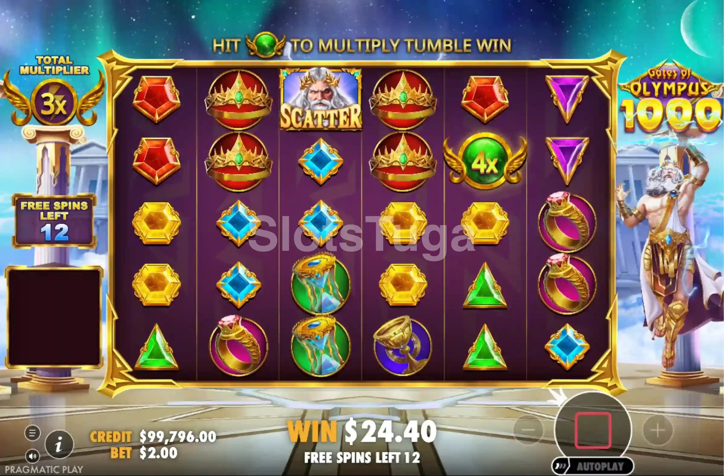 Free spins ativos na Gates of Olympus 1000 com multiplicadores acumulados