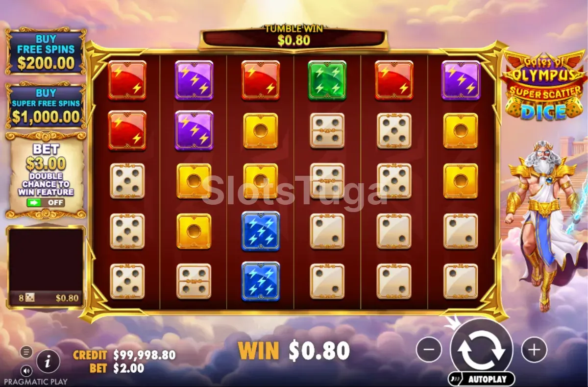 Jogo base de Gates of Olympus Super Scatter Dice com grelha de 6 rolos