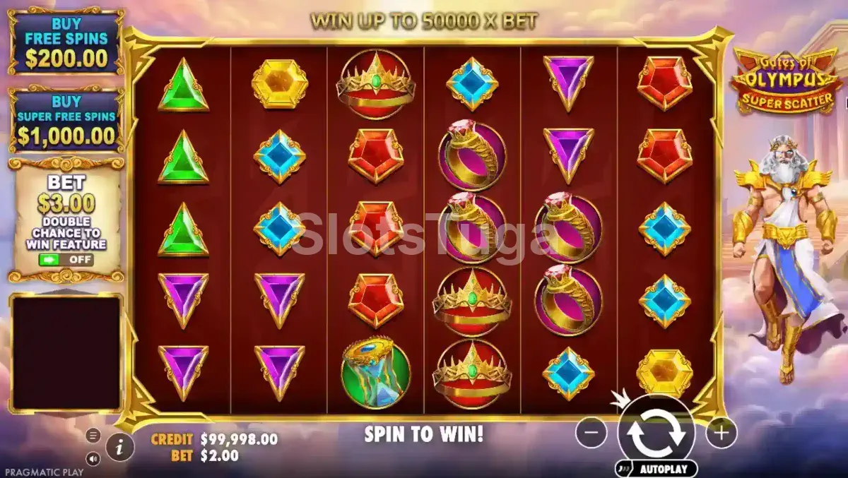 Gates of Olympus Super Scatter: a mesma grelha de seis rolos sobre fundo vermelho, com os dois botões de compra à esquerda, rodadas grátis normais e super rodadas grátis, e Zeus em dourado à direita.